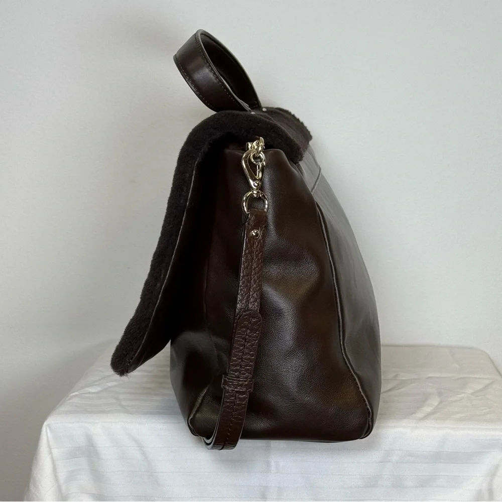 Varriale Italian Dark Brown Leather And Shearling Messenger Bag Adjustable Strap - Picture 4 of 16